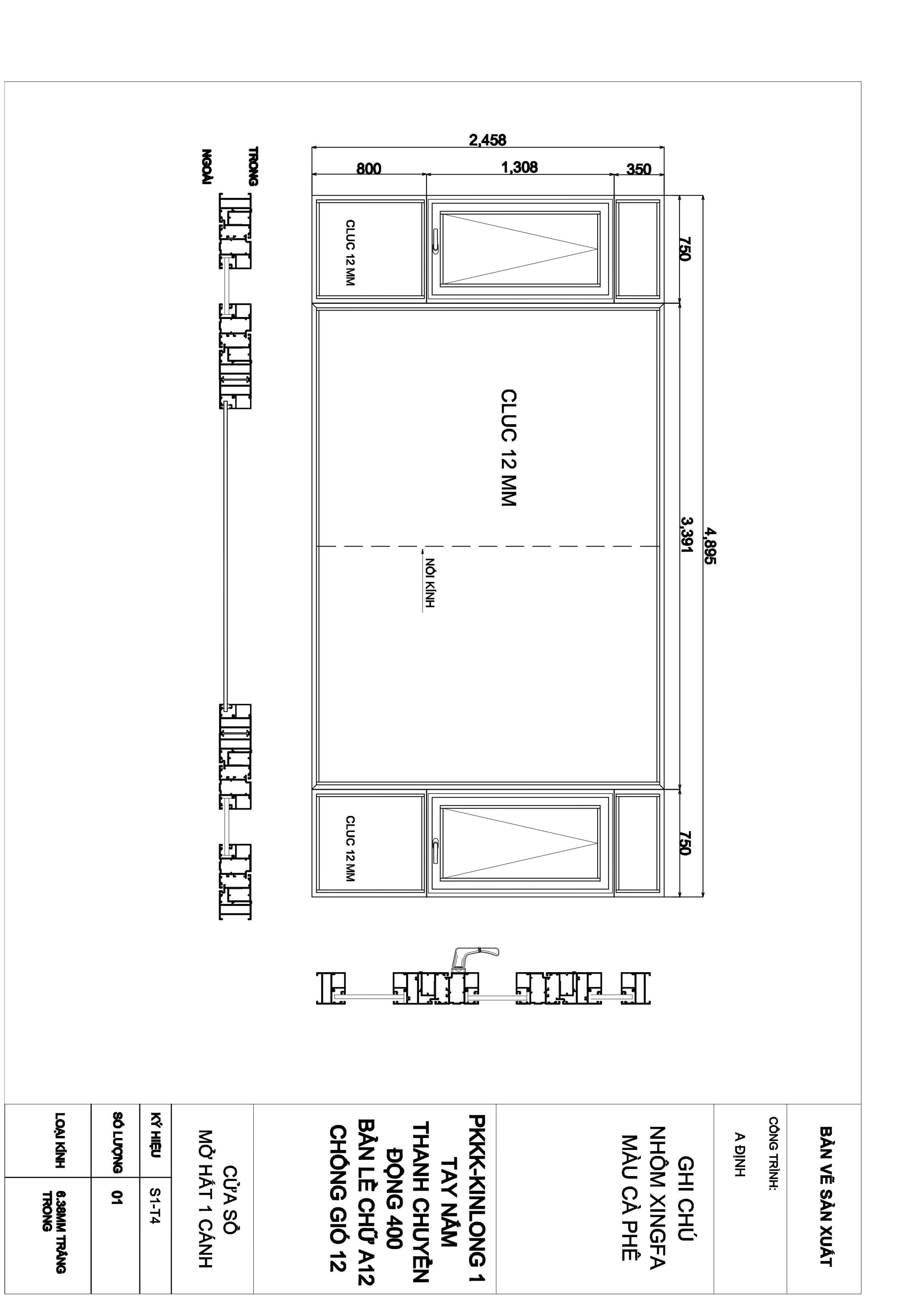 Bản vẽ kỹ thuật cửa sổ nhôm Xingfa màu cà phê kính cường lực 12mm kích thước chi tiết